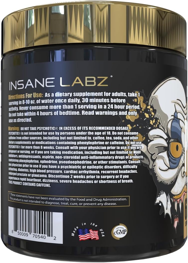 Insane Labz Psychotic Gold, High Stimulant Pre Workout Powder, Extreme Lasting Energy, Pumps and Endurance with Beta Alanine, DMAE Bitartrate, NO Booster (60 Servings, Fruit Punch)
