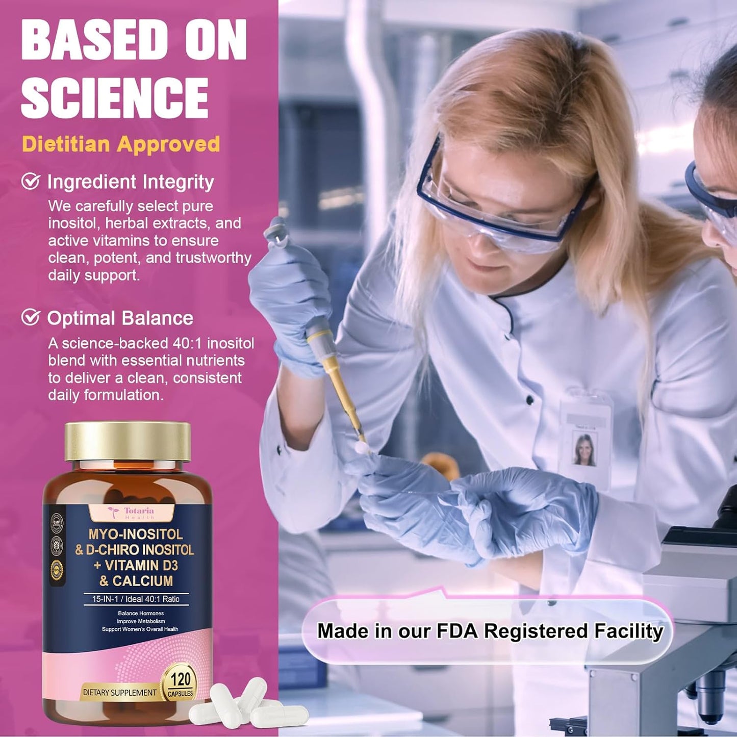 Myo-Inositol & D-Chiro Inositol Supplement for Women, Ideal 40:1 Ratio, w/Berberine, Multivitamin, DIM, Calcium, 2050 mg inositol for Hormone Balance, Ovarian Function*, Overall Health, 120 Ct.