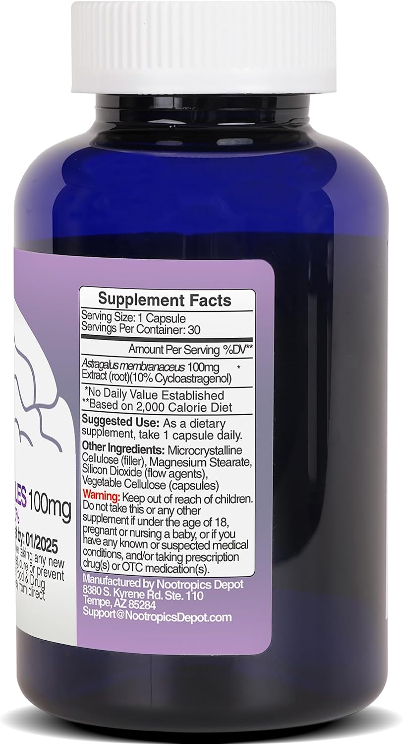 Nootropics Depot Cycloastragenol 10% Capsules | 100mg | 30 Count | Astragalus membranaceus | Cellular Health, Immune Support, Lengthens Telomeres