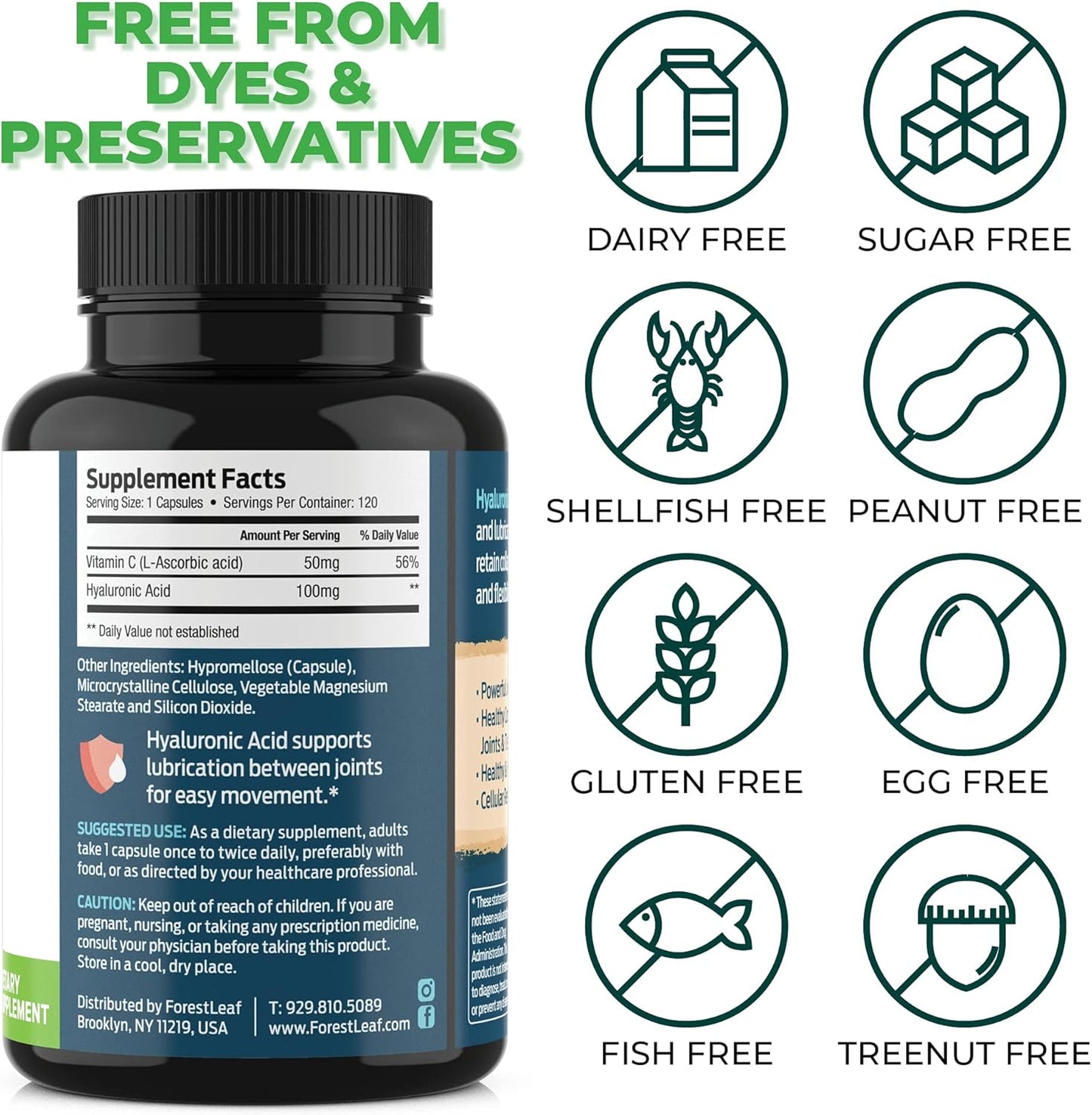 ForestLeaf Hyaluronic Acid Supplements | 100mg High Bioavailable Dietary Hyaluronic Acid Powder Capsules + 50mg VIT C | Supports Skin Hydration, Joint Lubrication, Anti-Aging, Hair & Nails | 120 Caps
