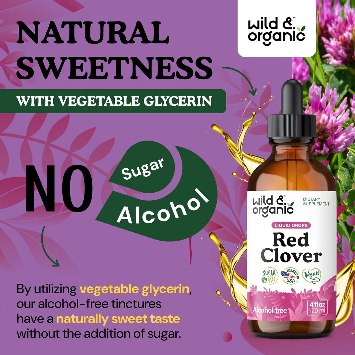 Wild & Organic Red Clover Tincture 600 mg - Liquid Red Clover Supplements for Women - 2-Month Supply - Trifolium Pratense Herb - Vegan, Sugar & Alcohol-Free Extract Drops - 4 fl oz