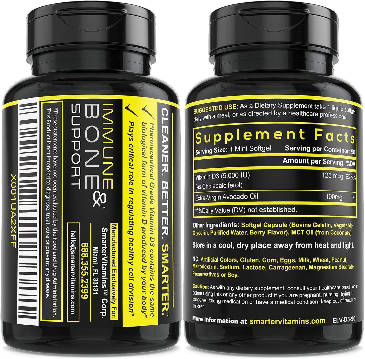 (3 Pack) Smarter Vitamin D3 5000 IU in Avocado Oil 125mcg 270 Mini Softgels