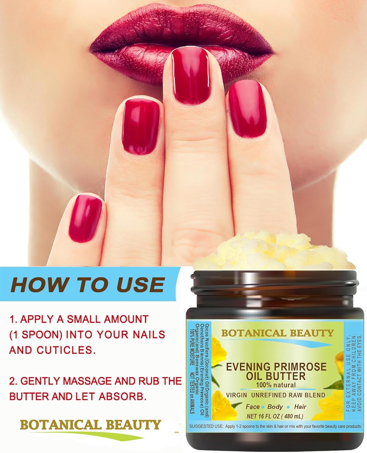 Botanical Beauty EVENING PRIMROSE OIL BUTTER Pure Natural Virgin Unrefined RAW for FACE, SKIN, BODY, DAMAGED HAIR, NAILS. (4 Fl Oz)