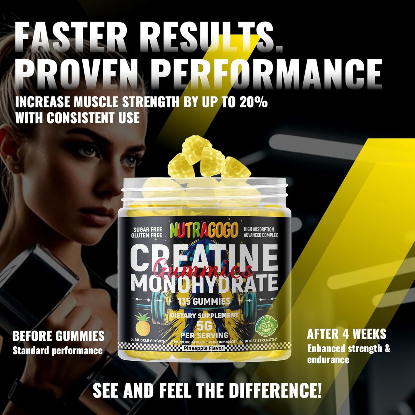 Creatine Monohydrate Gummies for Men & Women-5g of Creatine Monohydrate per Serving - Sugar Free,Vegan, Pineapple Electrolyte Chews, 135 Count
