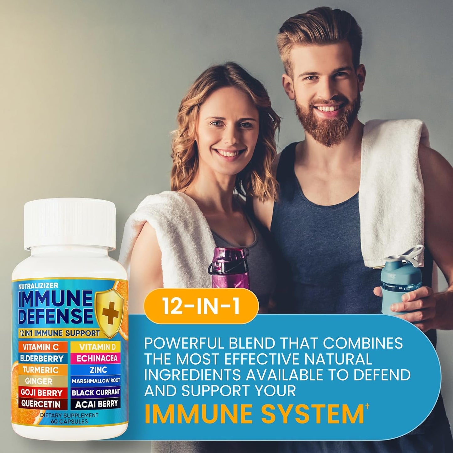 12 in 1 Immune Defense Vitamins - Immune Support Supplement w/VIT D3, Vitamin С, Zinс, Echinacea, Elderberry, Ginger &More - Natural Immunity System Booster - Immune & Muscle Health 120cs