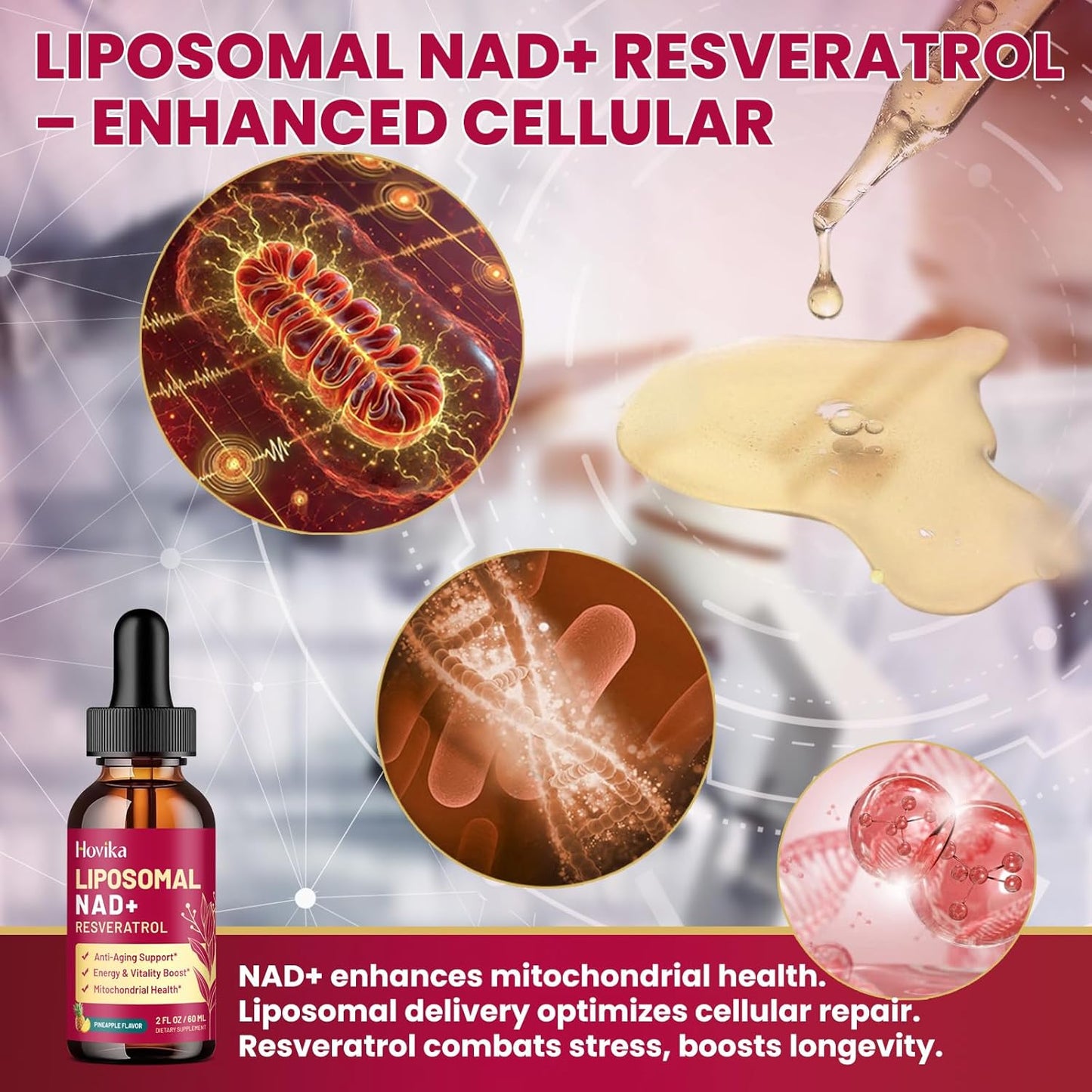 Liposomal NAD Supplement - 1200mg NAD+ Liquid Drops for Women & Men with Resveratrol, Black Pepper Extract - Support Anti-Aging, Brain & Cellular Mitochondrial Health - 2 Fl Oz, Pineapple Flavor