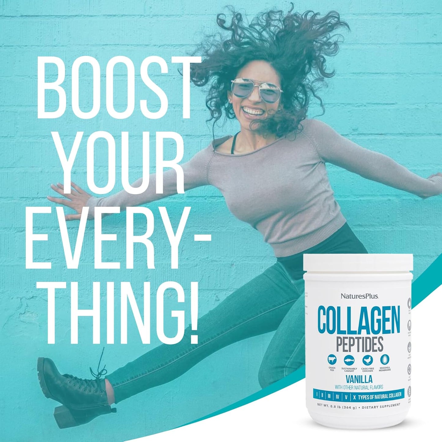 Natures Plus Collagen Peptides, Vanilla - 0.8 lb Powder - Hair, Skin, Nail & Joint Health, Immune System Support - Non-GMO, Gluten Free - 14 Servings