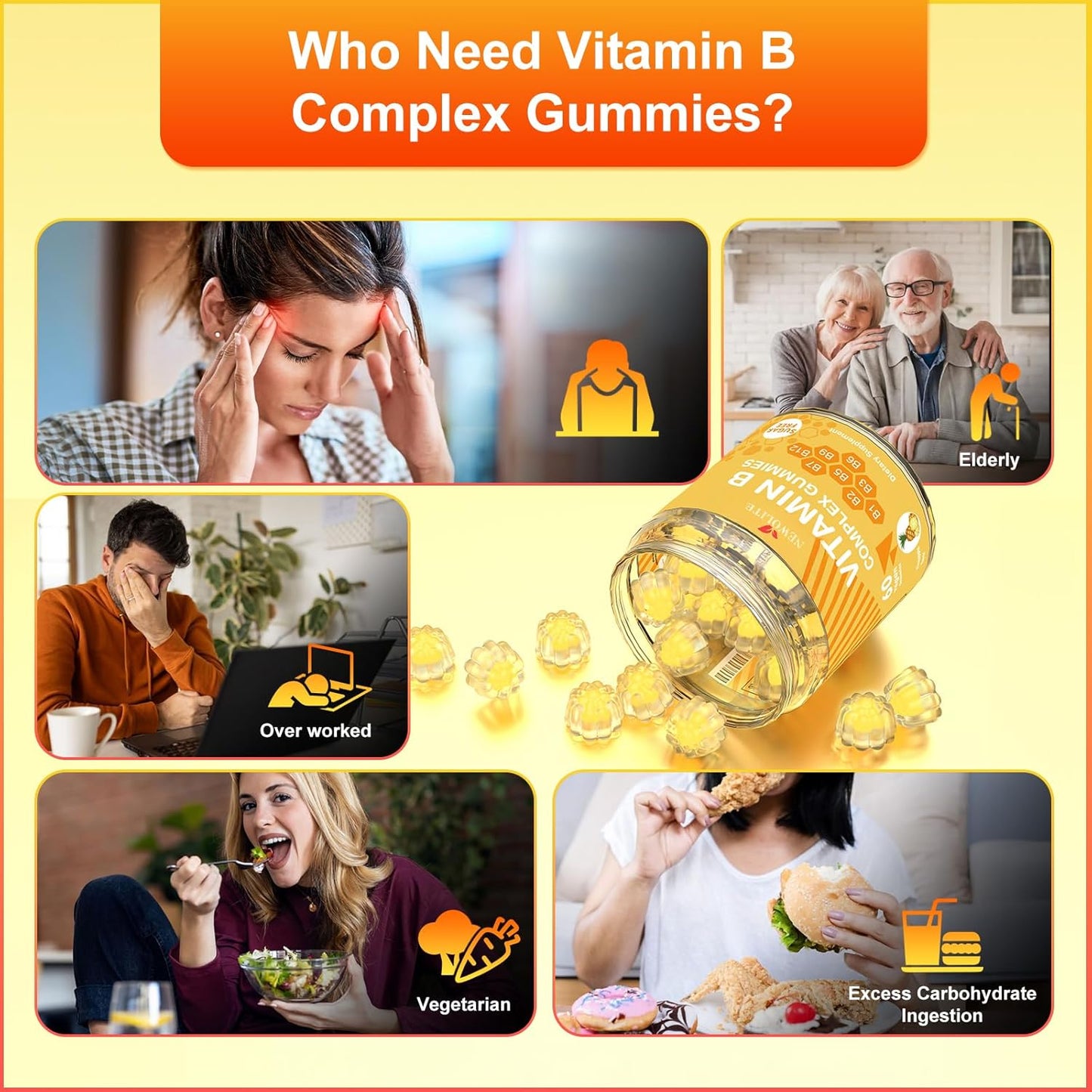 2 Pack Vitamin B Complex Gummies for Women Pineapple Flavor Daily Vitamin C B1,B2,B3,B5,B6,B7,B9,B12 Biotin Folate Supports Energy, Mood, Immune System Sugar-Free Vegan Work Adults(120Count)