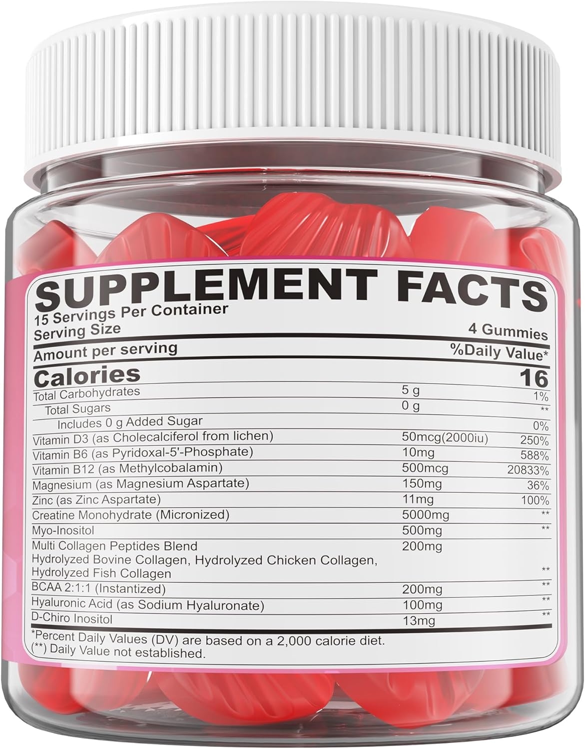 Creatine for Women Gummies, Micronized Creatine Monohydrate + Myo-Inositol, Collagen Peptides, BCAAs, Hyaluronic Acid, Vitamin B6 B12, Zinc for Enërgy, Föcus, Hörmonal Balance, Sugar Free, 120 Counts