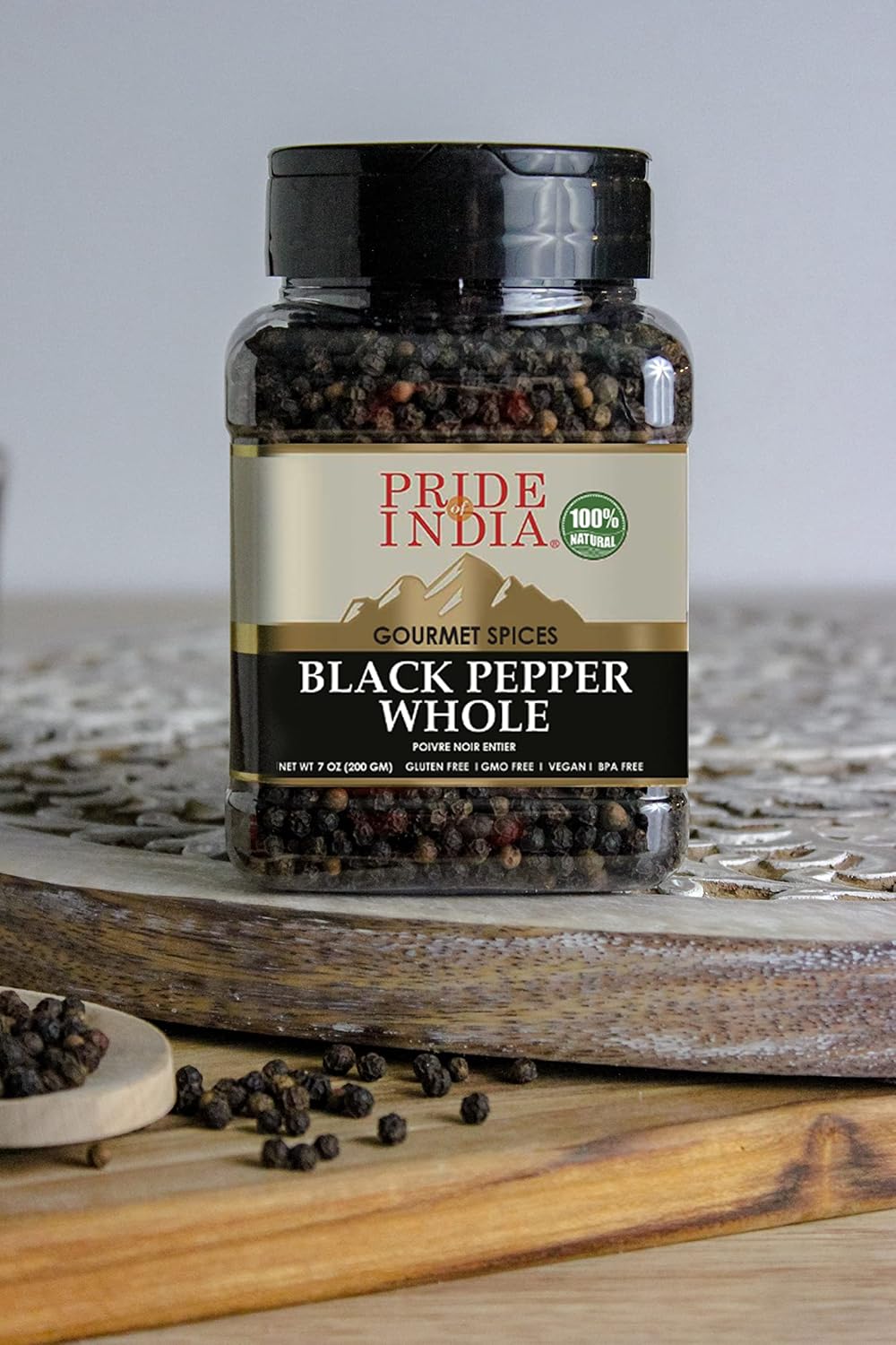 Pride of India – Black Peppercorn Whole – Gourmet & Culinary Spice – Full Bodied, Dried & Flavorful – Preservatives & Gluten Free – 7 oz. Medium Dual Sifter Jar