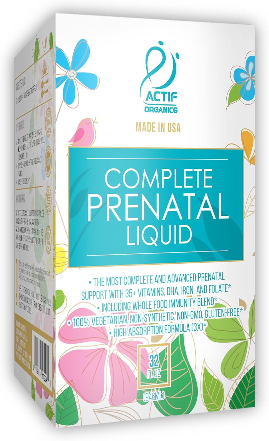 ACTIF Organic Complete Prenatal Liquid with 35+ Vitamins and Organic Herbs, with DHA and Choline, Non-GMO, Made in USA, 32oz