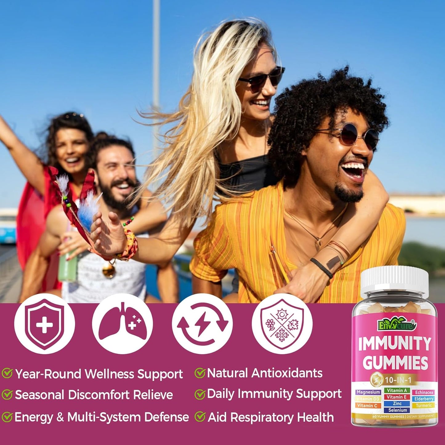 10 in 1 Immune Support Supplement Gummies, w/Echinacea, Elderberry Vitamin C and Zinc, Selenium, Vitamin D3 5000IU, Magnesium, Daily Immune Booster Multivitamin, for Antioxidant Bone Energy, 2 Pack