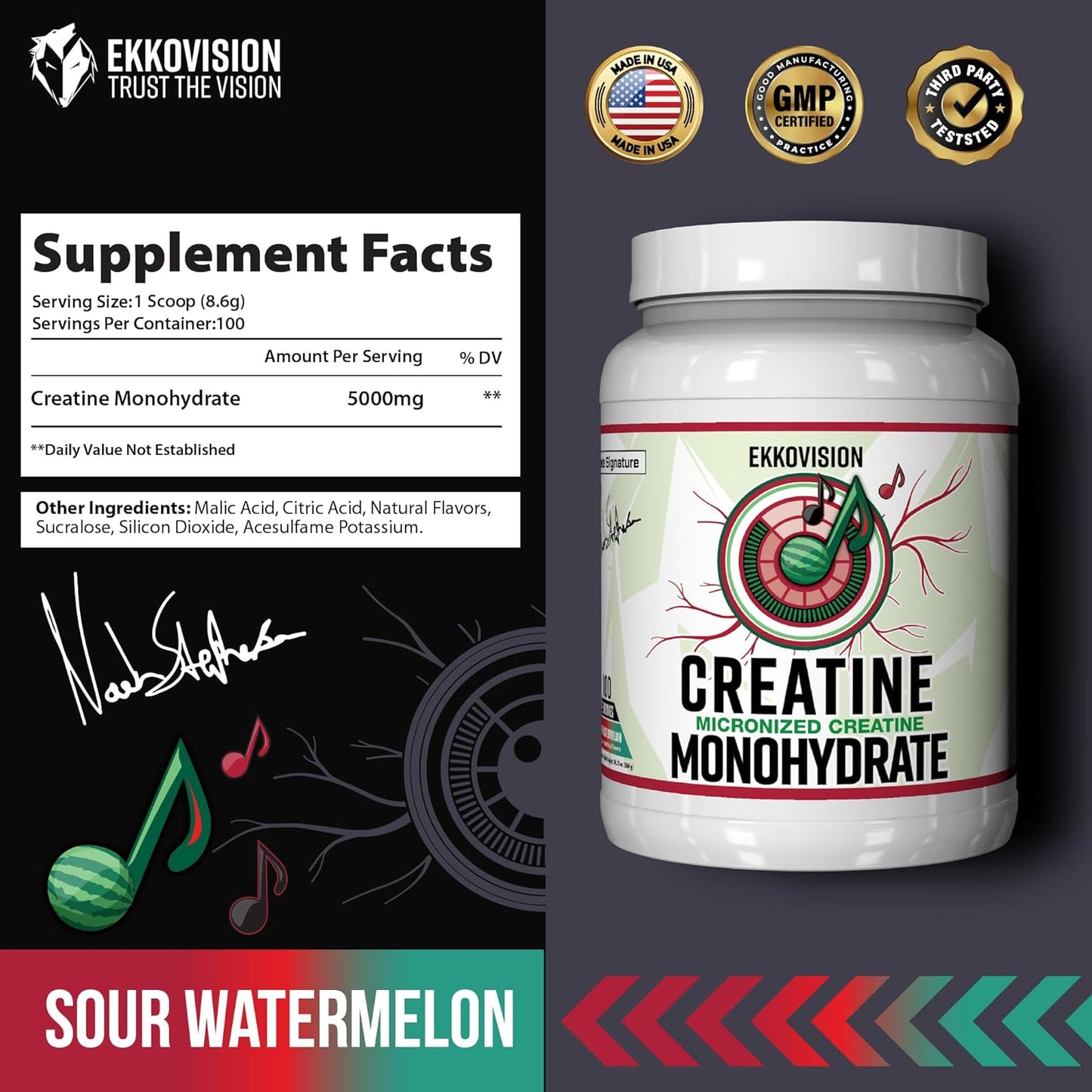 Creatine Monohydrate Powder, Micronized, Sour Watermelon, Pre & Post Workout Supplement for Men and Women, Energy Support, Easy to Mix in Shakes, Smoothies & Beverages, 100 Servings