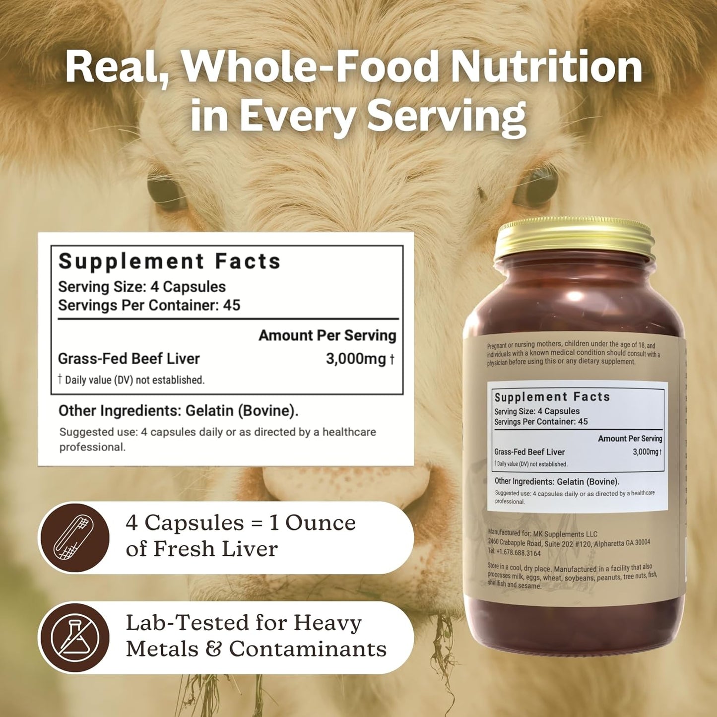 MK Supplements – Grass Fed Beef Liver 3000 mg, Freeze-Dried Beef Liver Capsules, 100% Pasture-Raised in New Zealand, 180 Liver Capsules, 45-Day Supply