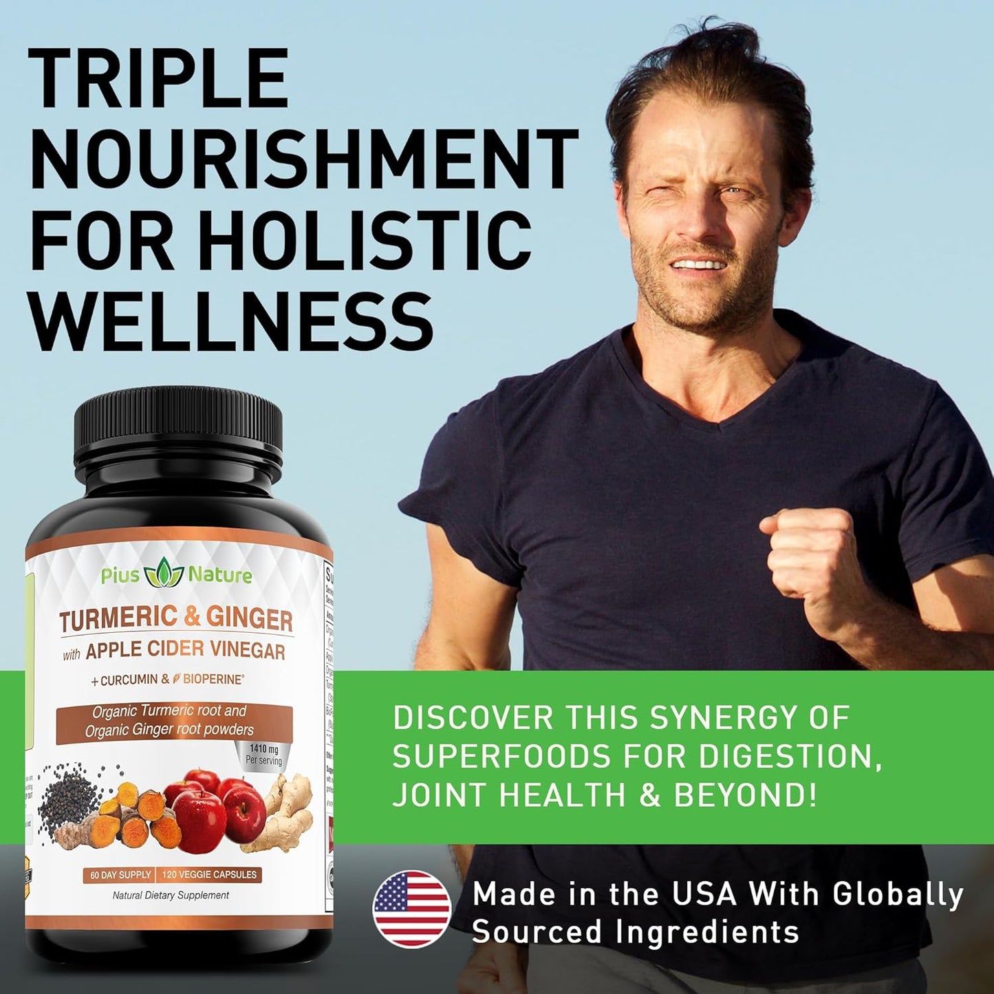 120 Capsules of USDA Organic Turmeric Root Powder, USDA Organic Ginger Powder and Apple Cider Vinegar Powder with Curcumin (95% Curcuminoids) and Bioperine, 1410 mg per Serving in Veggie Capsules