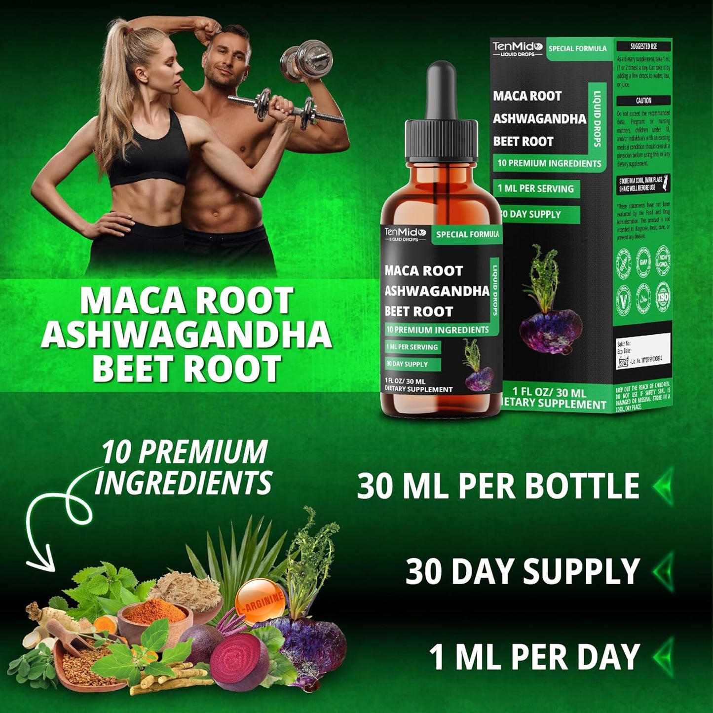 10in1 Maca Liquid Drops with Ashwagandha, Fenugreek, Beet Root, L-Arginine,Turmeric,Ginseng & More - 30 Days Supply - 1FL Oz