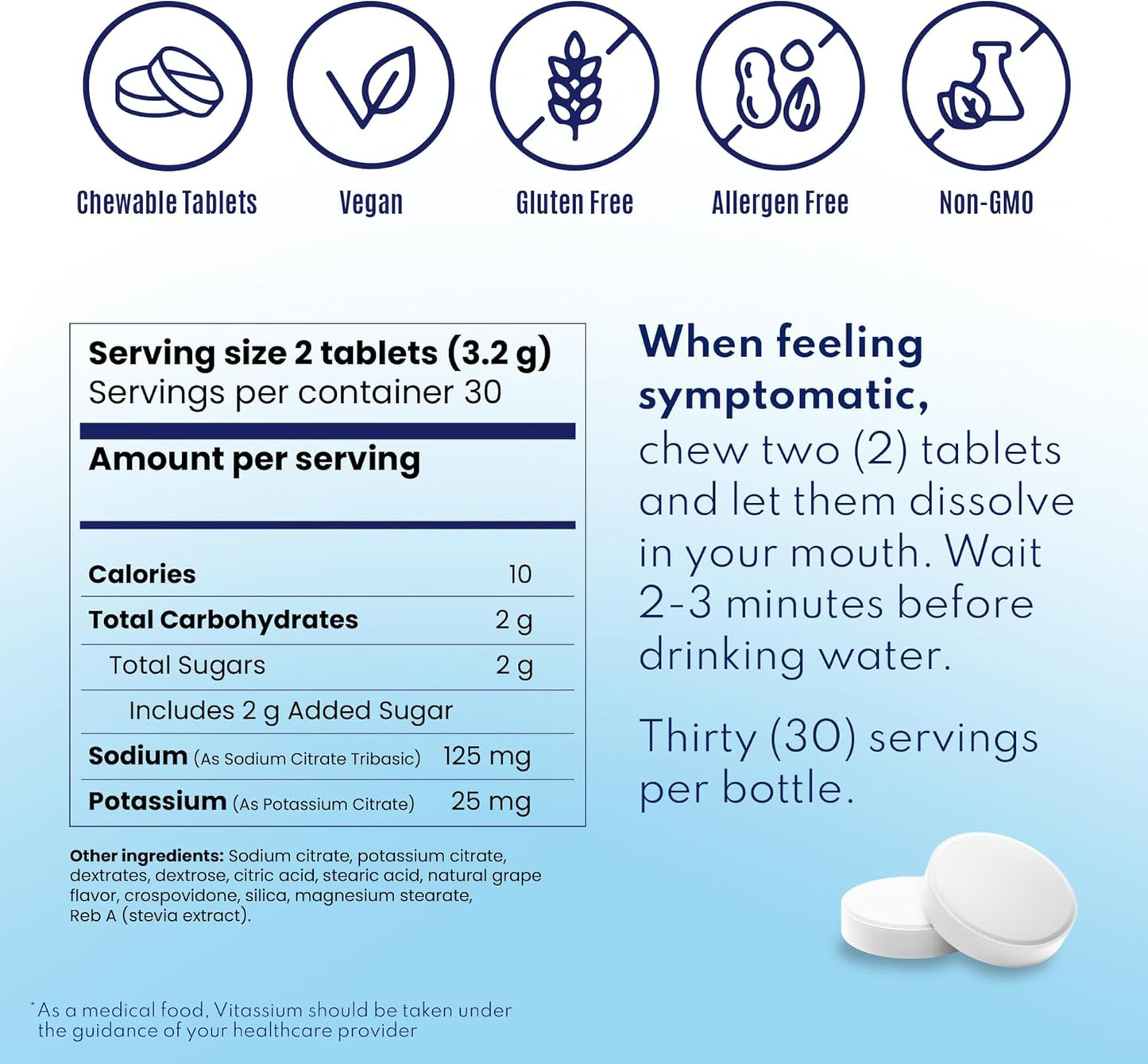 Vitassium FastChews, Chewable Electrolyte Tablets for Management of POTS and High Sodium Diets, Fast-Acting Sodium Tablets, Grape Flavor, 60 Count