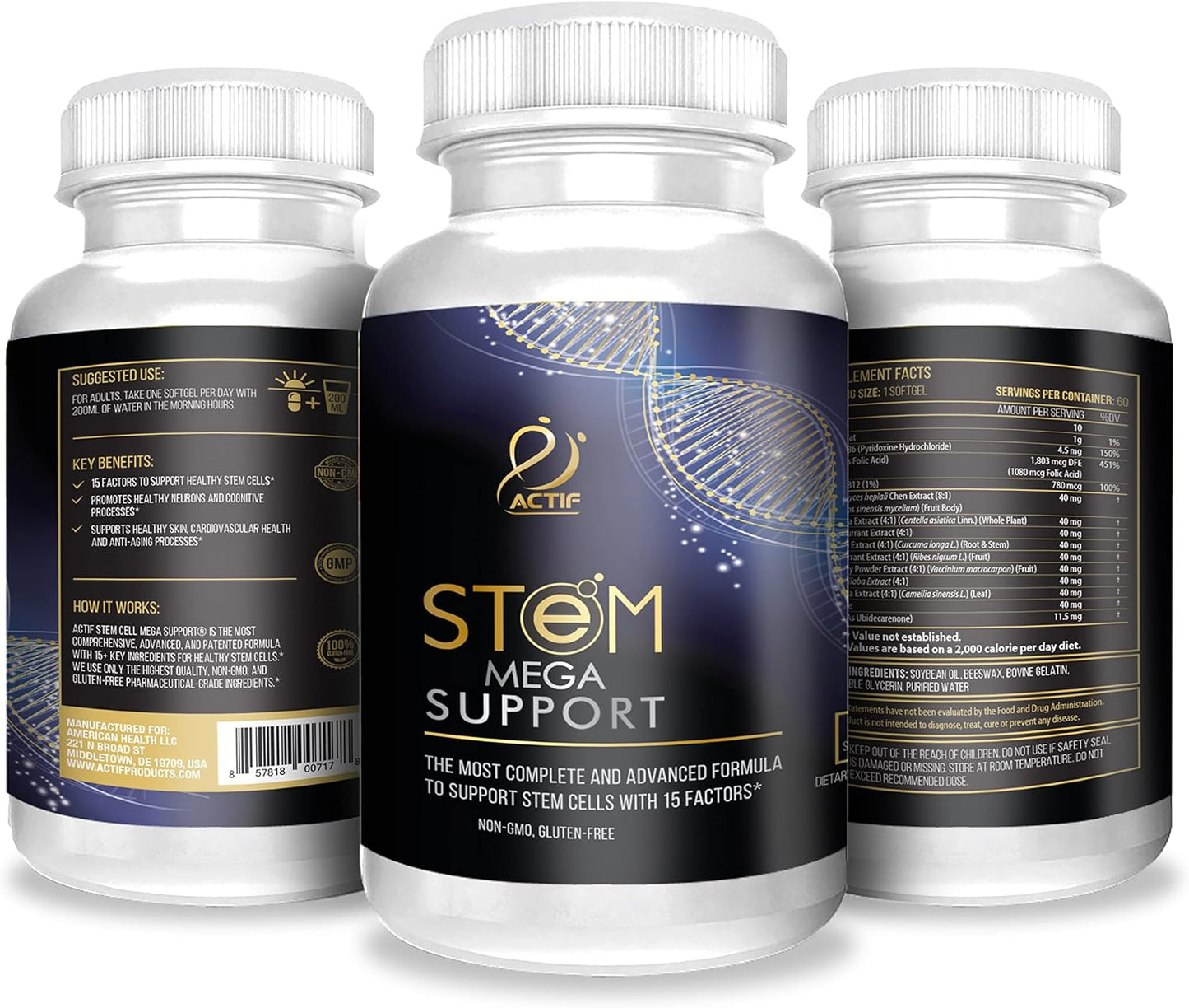 ACTIF Stem Cell Mega Support with 15 Factors - Non-GMO, 2 Month Supply, Made in USA