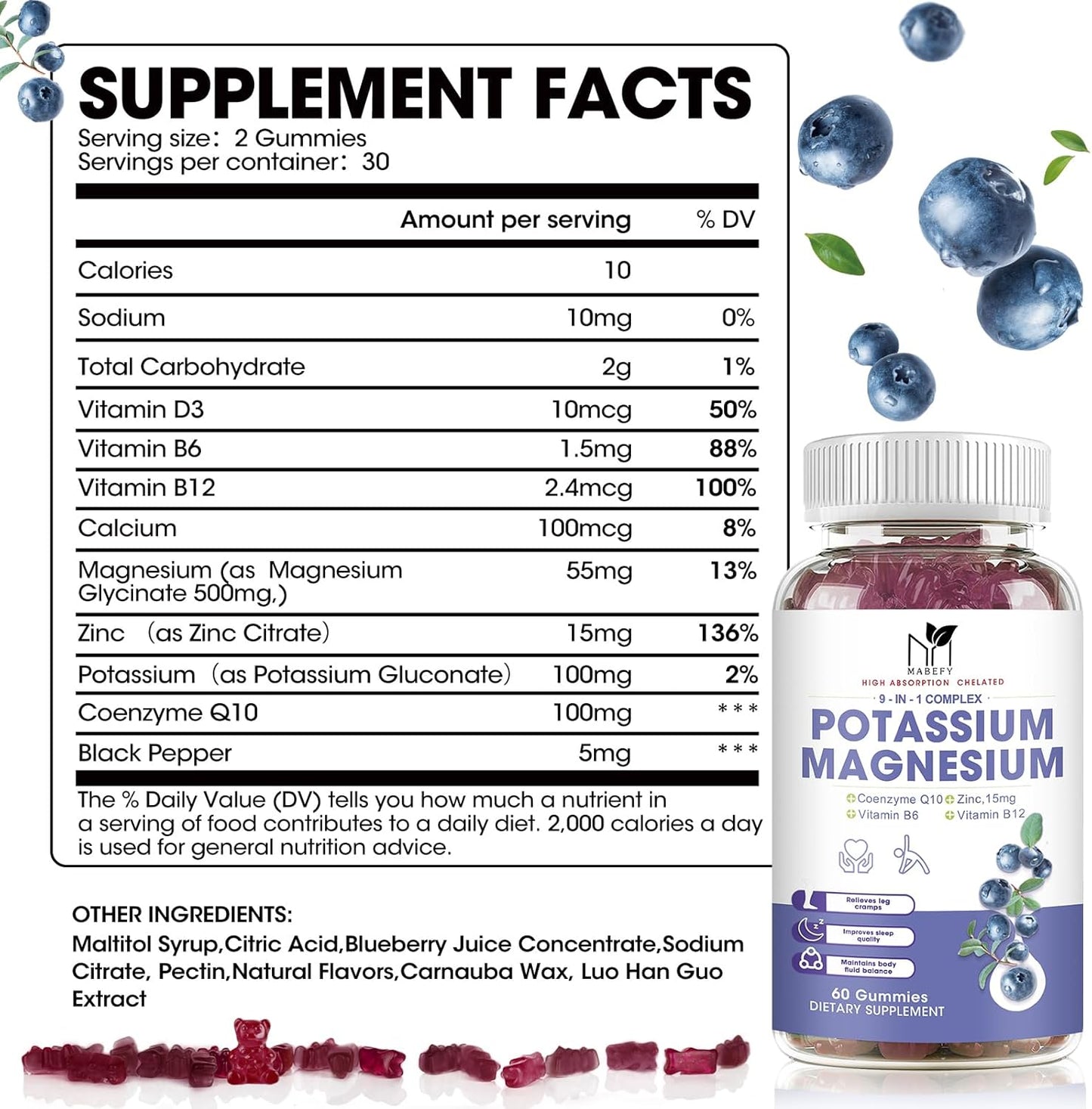 2 Pack Potassium Magnesium Gummies, Sugar-Free Potassium Gummies with Magnesium Glycinate 500mg Chewable Magnesium Potassium Supplements with Calcium, Zinc, Vitamin for Leg Cramps & Muscle