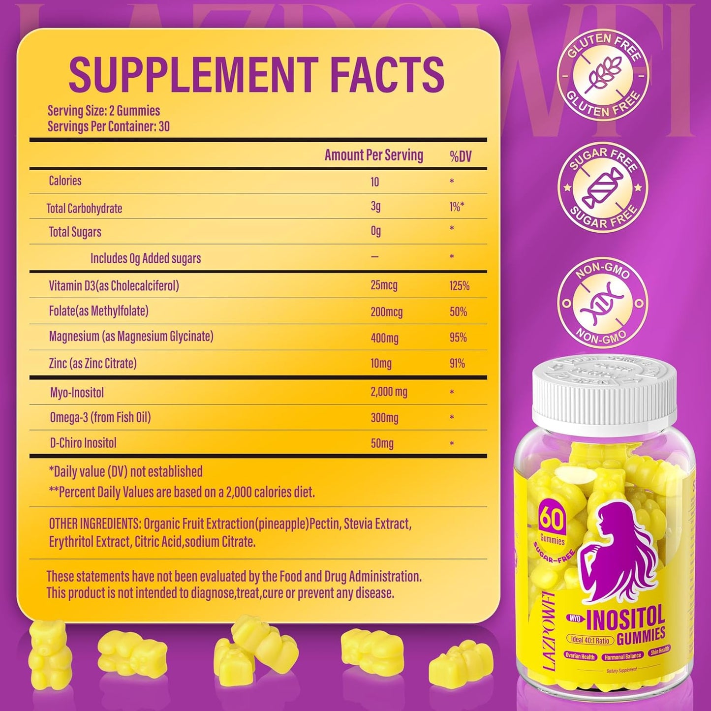 Myo-Inositol & D-Chiro Inositol,Inositol Gummies with Vitamin D3, Magnesium Glycinate, Omega-3, Folate & Zinc, Inositol Supplement Menstrual Cycle for Women-40:1 Ratio-60 Day Supply