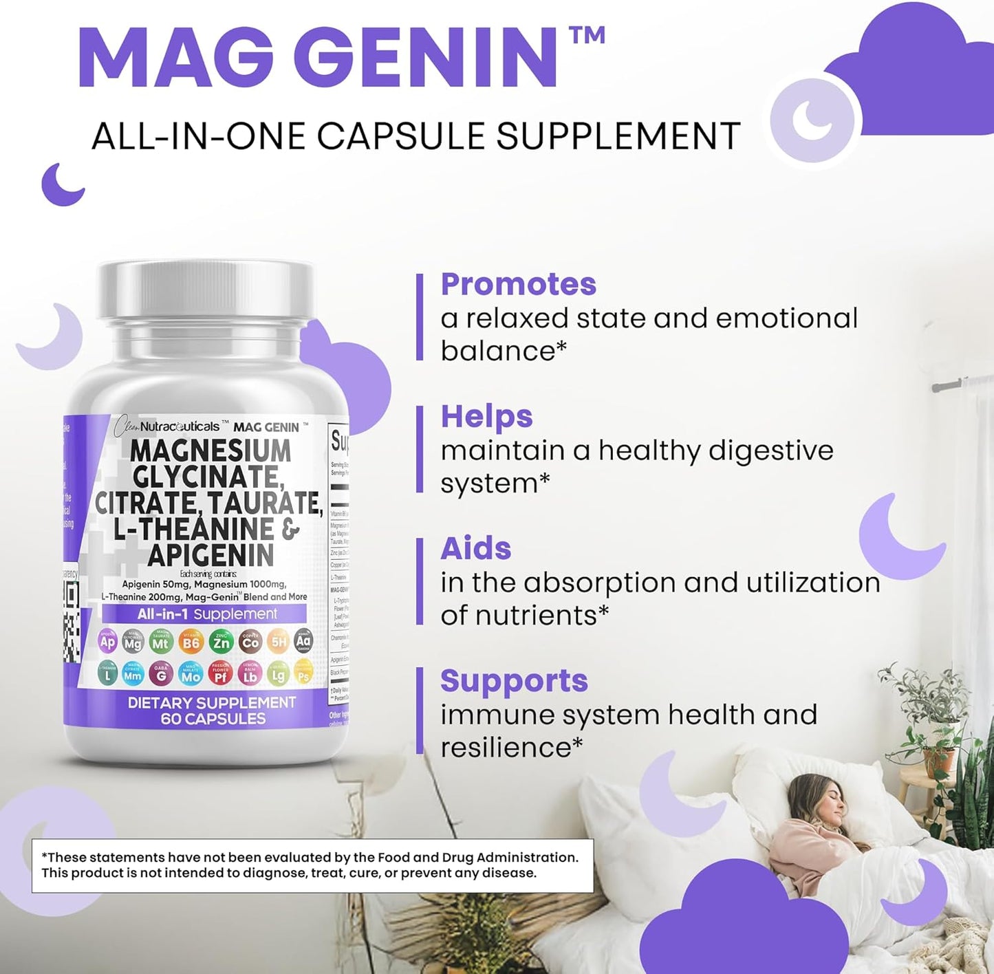 Clean Nutraceuticals Magnesium Glycinate Complex 1000mg with L-Theanine 200mg Apigenin 50mg Citrate Taurate Supplement - 5-HTP GABA Passion Flower Lemon Balm L-Glycine Phosphatidylserine - 60 Count