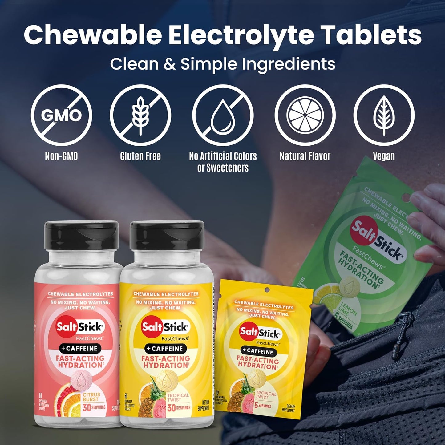 SaltStick Electrolyte FastChews with Caffeine - 60 Tropical Twist Chewable Electrolytes - Salt Tablets for Running and Hydration, Electrolyte Chews - 60 Count