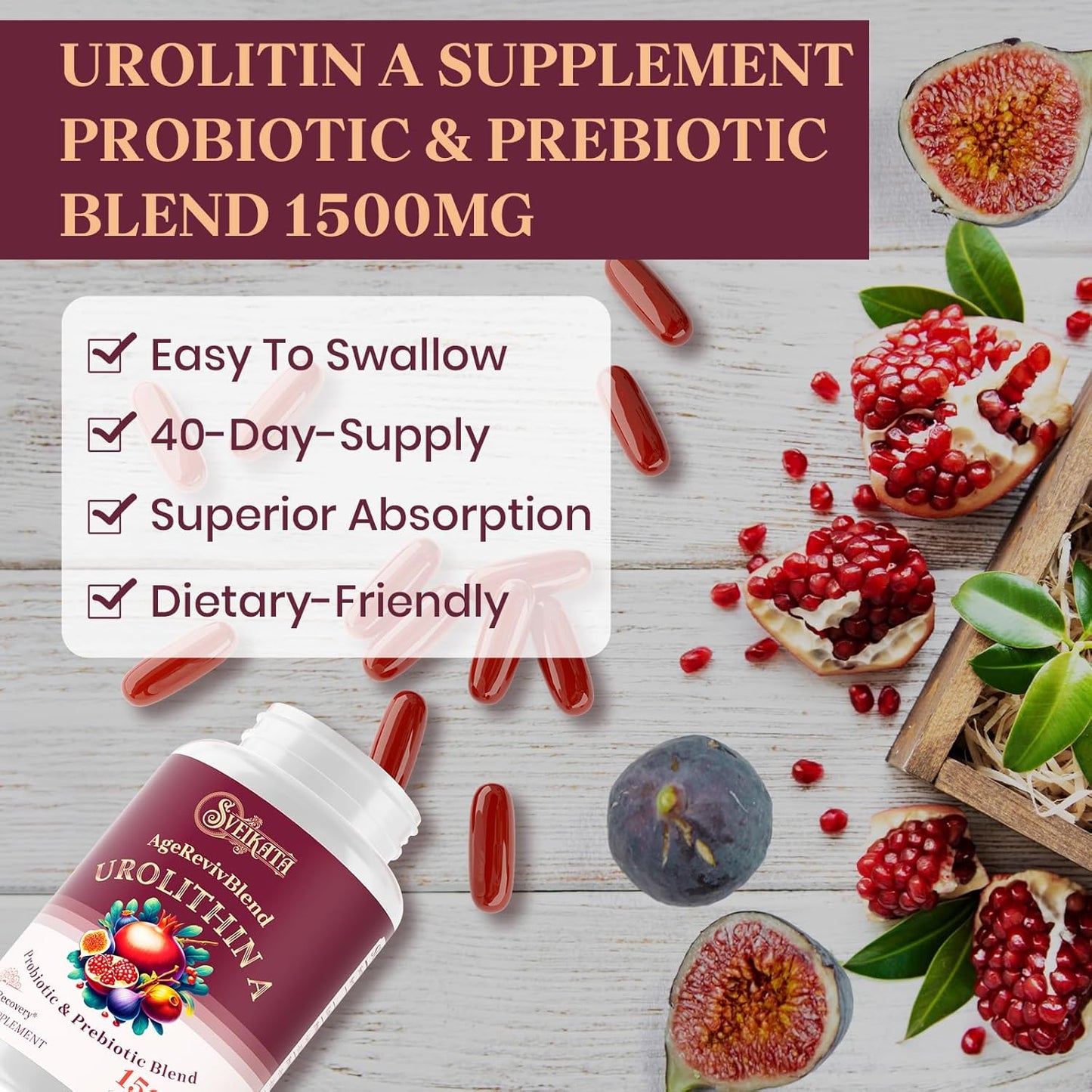 Urolithin A Supplement 1500mg – Urolithin A for Healthy Aging & Mitochondrial – Probiotic & Prebiotic Blend with Pomegranate Extract – 120 Softgels