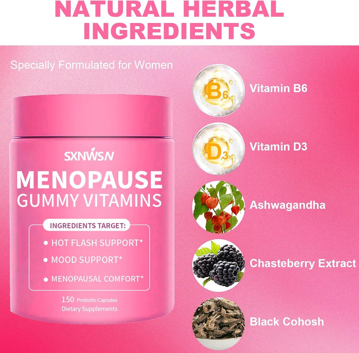 Menopause Support Capsules with Vitamin B6 D3 & Ashwagandha, Black Cohosh, Chasteberry Extract - Hot Flash & Mood Support,150 Count