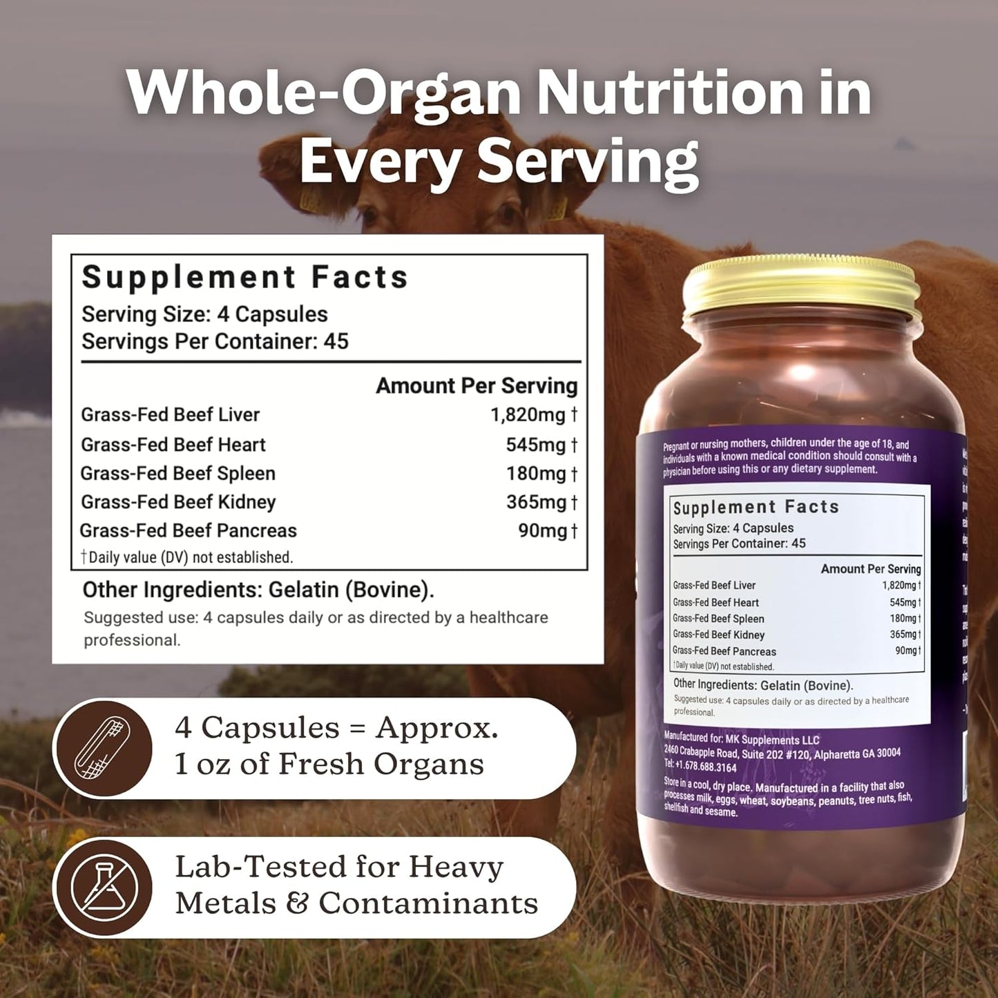 MK Supplements – Grass-Fed Beef Organs 3000 mg, 180 Beef Organs Capsules, Multivitamin, 100% Pasture-Raised in New Zealand, 45-Day Supply, Liver, Heart, Kidney, Spleen, Pancreas
