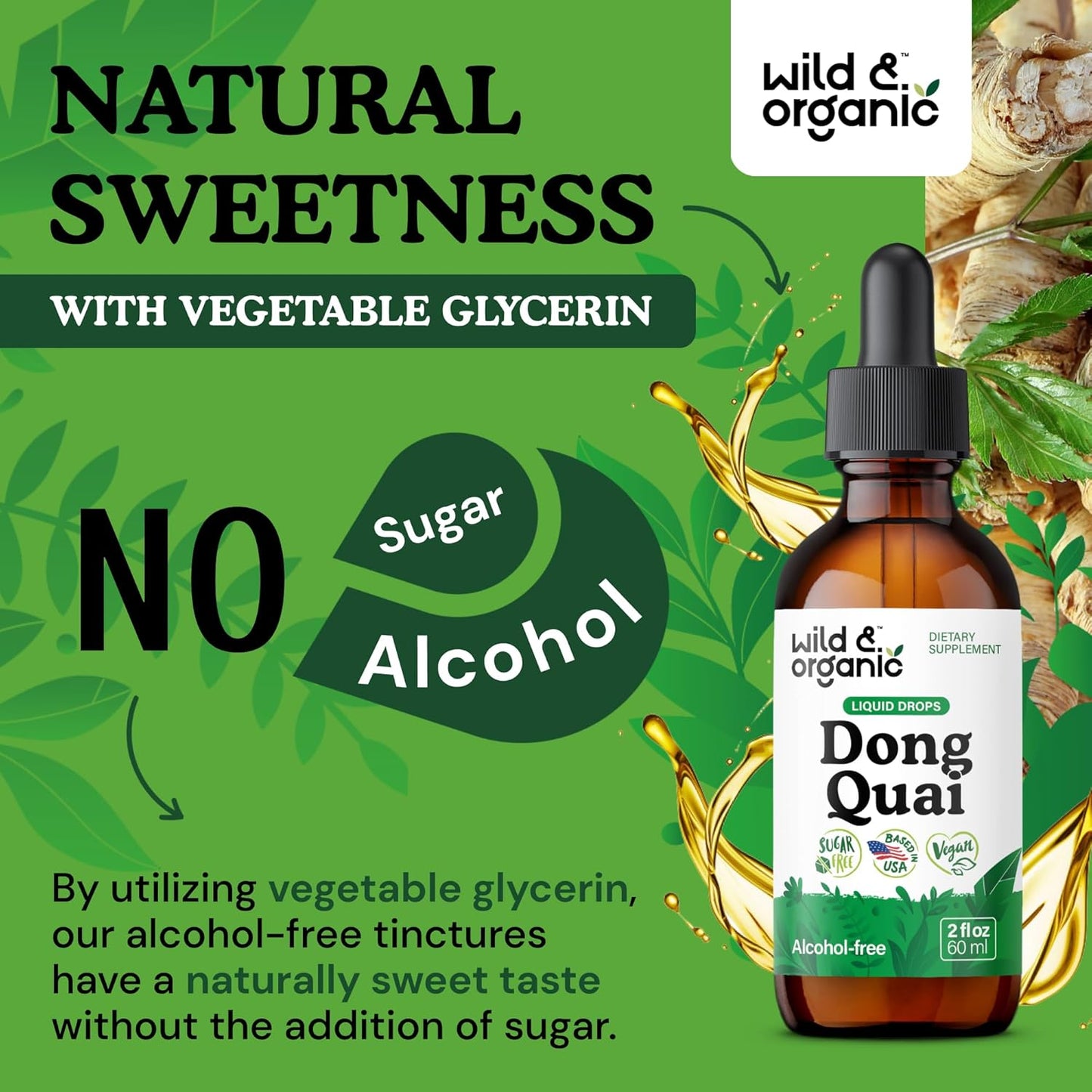 Wild & Organic Dong Quai Tincture 500 mg - Angelica Root Supplements for Women - Dong Quai Root Liquid Extract Drops - Angelica Sinensis Herb - No Sugar & Alcohol - 2 fl oz