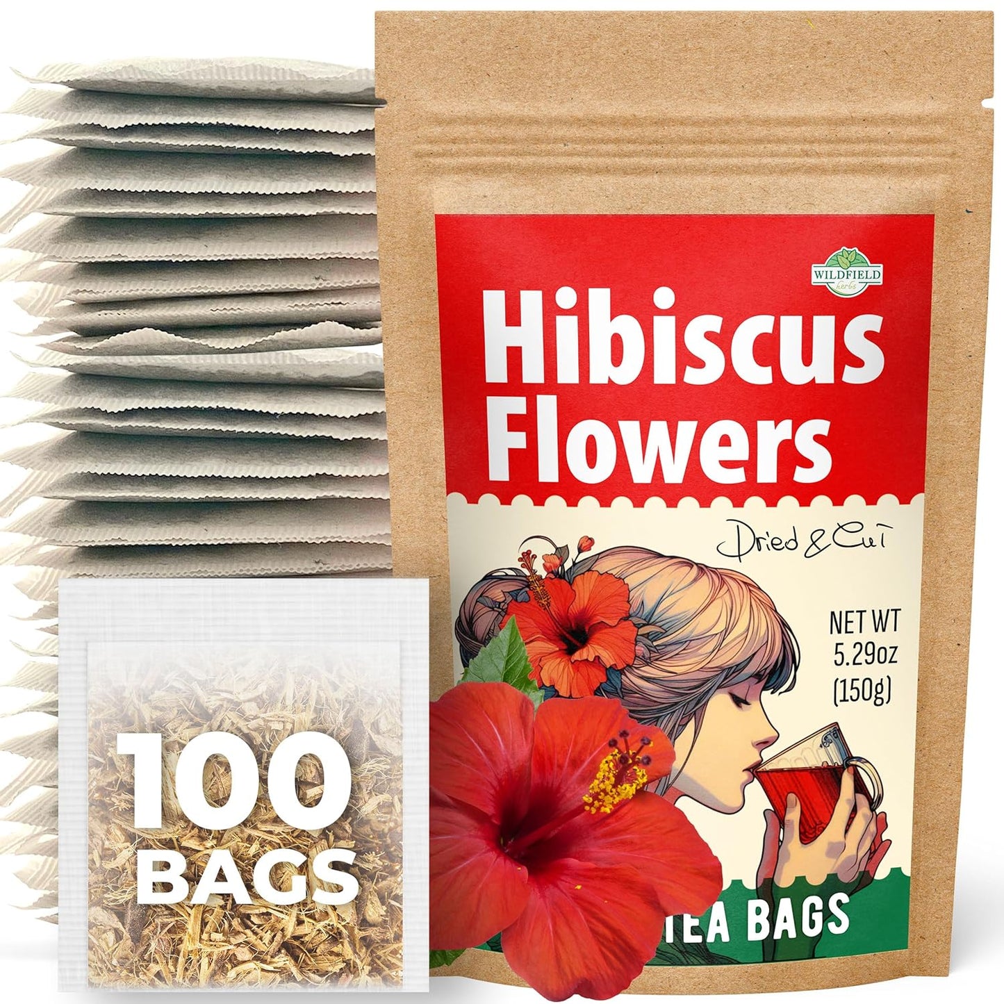 100 Bags Dried Hibiscus Flower Tea Herbal Flor De Jamaica (Hibiscus) - 100 Count 1.5g Tea Bags Dry Dried Hibiscus Flowers Herb Hibisko