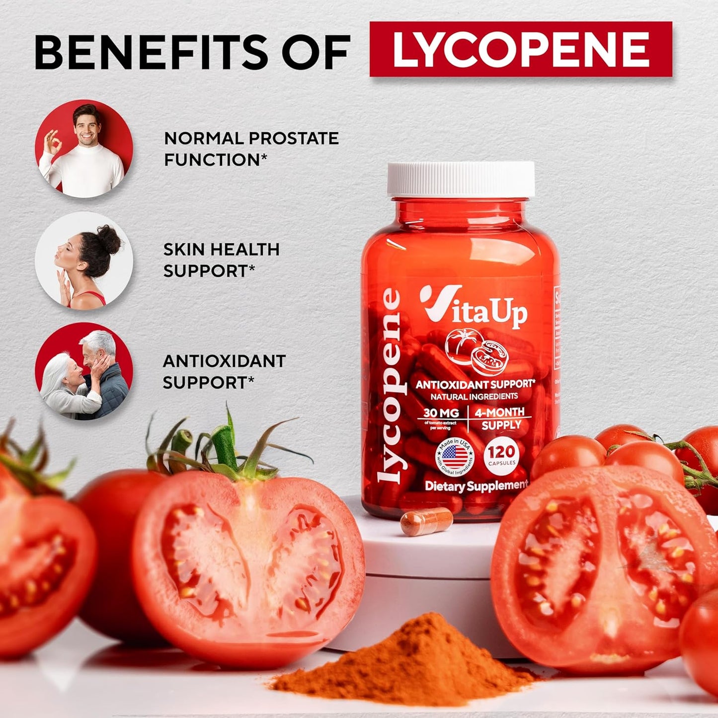 Lycopene Supplements for Men - USA Made Prostate Supplements for Men with Natural Tomato Extract - Non-GMO Lycopene Supplement for Prostate, Skin & Antioxidant Support - 120 Count