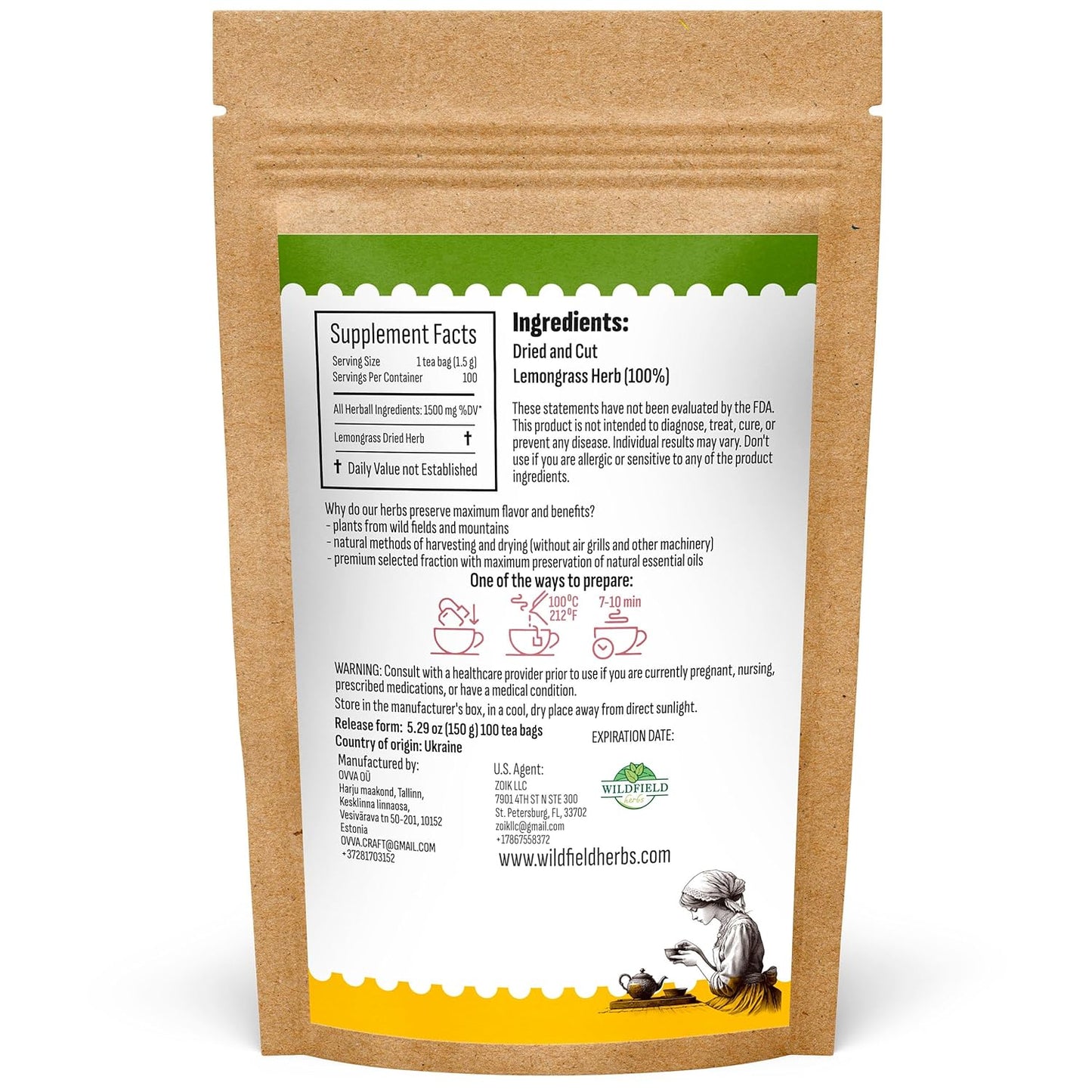 100 Bags Dried Lemongrass Tea Lemon Grass Leaf Herbal Tea Zacate De Limon (Cymbopogon) - 100 Count 1.5g Bags Lemongrass Chai Herb Limoncillo (Hierba Limon)