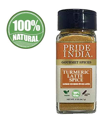 Pride of India – Turmeric Latte Spice Mix – Gourmet & Warm Tea Spice Blend – Healthy/Gluten-Free – Ideal for Lattes/Smoothies/Golden Milk – Easy to Use – 2 oz. Small Dual Sifter Bottle