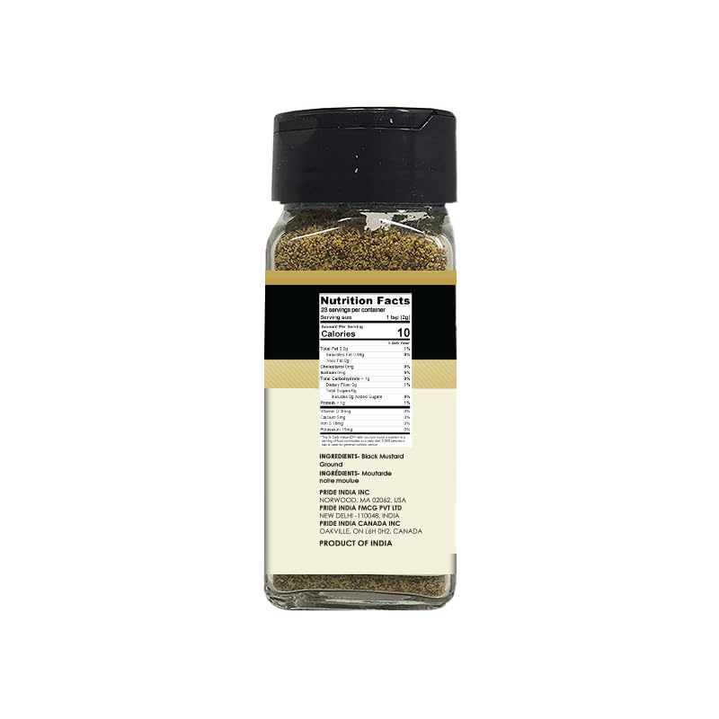 Pride of India – Black Mustard Seed Ground – Perfect Ingredient in Spice Blends – Spice up Pickles/Curries/Stews – Additives Free/Gourmet Spice – Easy to Use – 2.6 oz. Small Dual Sifter Bottle