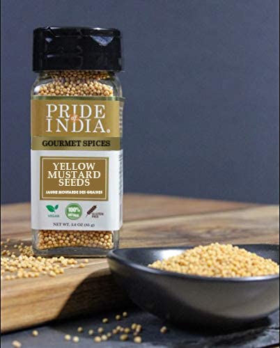 Pride of India – Yellow Mustard Seed Whole – Pungent & Aromatic – Gourmet Indian Spice – Add in Salads/Dressings/Chicken/Meat/Pickles – Easy to Use – 2.8 oz. Small Dual Sifter Bottle
