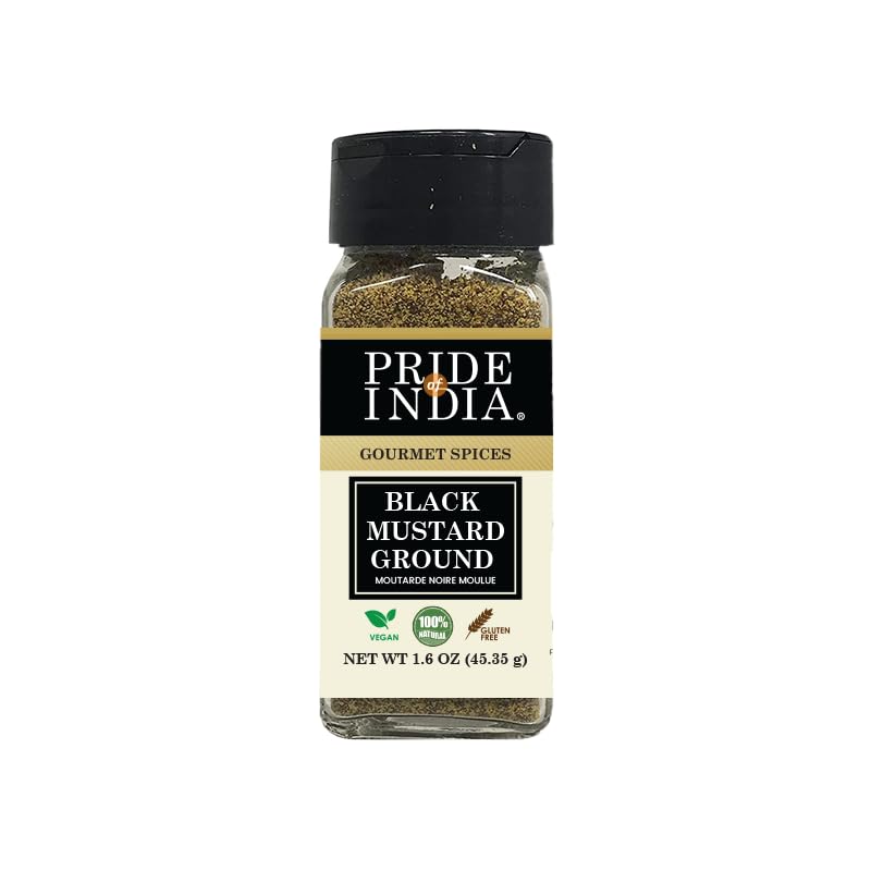 Pride of India – Black Mustard Seed Ground – Perfect Ingredient in Spice Blends – Spice up Pickles/Curries/Stews – Additives Free/Gourmet Spice – Easy to Use – 2.6 oz. Small Dual Sifter Bottle