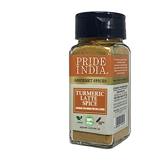 Pride of India – Turmeric Latte Spice Mix – Gourmet & Warm Tea Spice Blend – Healthy/Gluten-Free – Ideal for Lattes/Smoothies/Golden Milk – Easy to Use – 2 oz. Small Dual Sifter Bottle