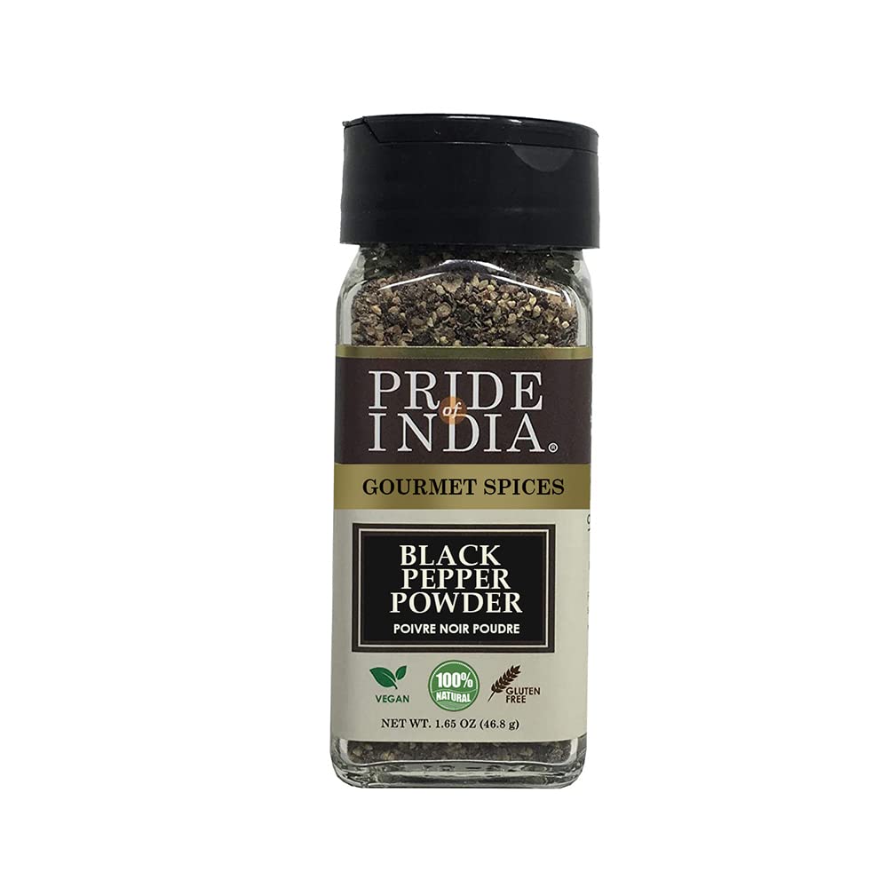 Pride of India – Black Pepper Ground – Ideal for Gourmet Dishes/Soups/Stews/Rubs – Fresh & Preservatives Free – Warming Spice – Easy to Use – 1.65 oz. Small Dual Sifter Jar