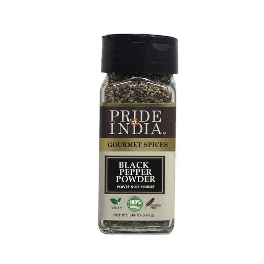 Pride of India – Black Pepper Ground – Ideal for Gourmet Dishes/Soups/Stews/Rubs – Fresh & Preservatives Free – Warming Spice – Easy to Use – 1.65 oz. Small Dual Sifter Jar