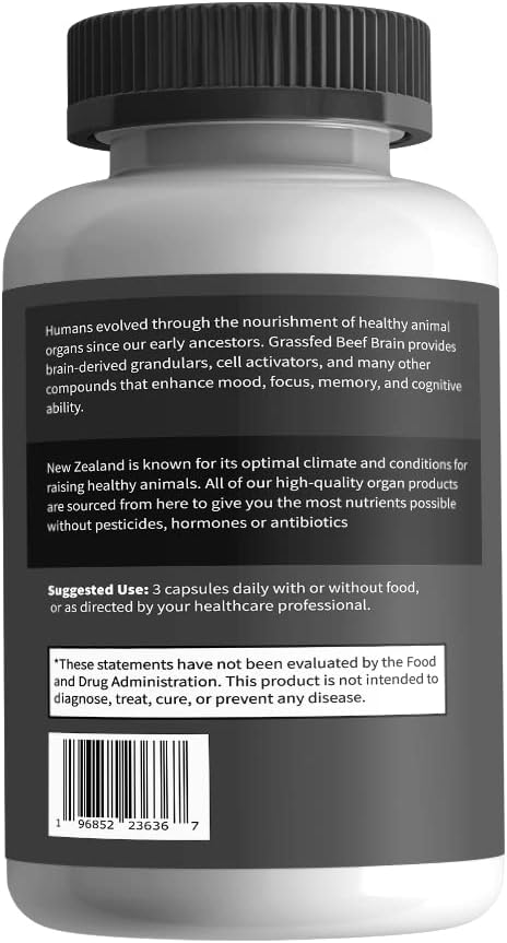 Primal Being Grassfed Beef Brain, Supports Memory, Mood, Focus, Energy, Cognitive Health - 90 Capsules, 1500mg per Serving