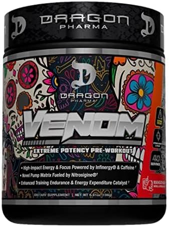 DRAGON PHARMA Venom Extreme Potency Pre-Workout, Laser Sharp Focus + Energy, Intense Performance, Proven Ingredients for Enhanced Vasodilation & Endurance (40 Servings, Mangonada)