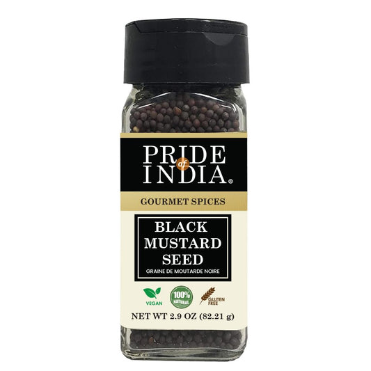 Pride of India – Black Mustard Seed – Gourmet & Vegan Indian Spice – Pungent/Spicy Flavor – Dry Seasoning - Gluten & GMO Free – Easy to Use – 3oz. Small Dual Sifter Bottle