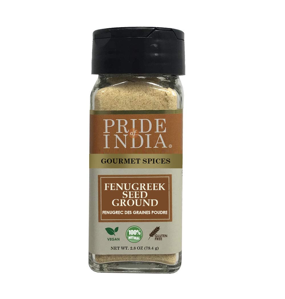 Pride of India – Fenugreek Seed Ground – Gourmet Indian Spice – Vegan, Gluten & GMO-Free – Ideal for Cooking & Meat Seasoning – Easy to Use – 2.8 oz. Small Dual Sifter Jar