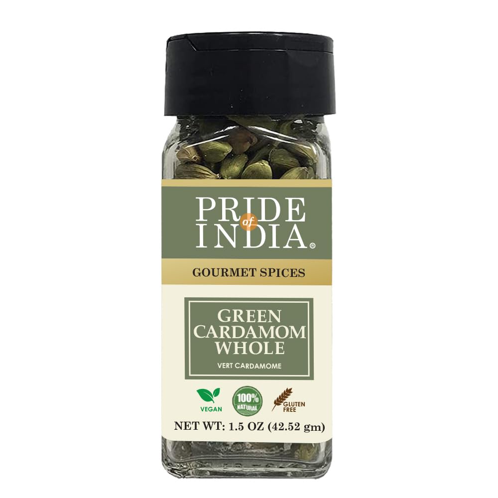 Pride of India | Green Cardamom Whole 1.5 oz (43 gm) Small Dual Sifter Bottle | Gourmet & Aromatic Spice | Flavoring agent for bakes/teas/drinks | Full Bodied Green Pods