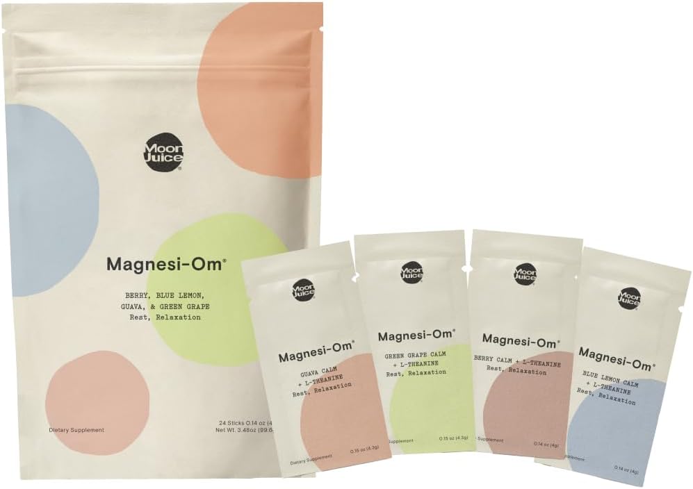 Moon Juice Tutti Frutti Magnesi-Om Variety Pack | Magnesium + L-Theanine | for Natural Calm + Regularity | Magnesium Citrate | Sugar Free | Guava, Green Grape, Blue Lemon, Berry | (24 Sticks)