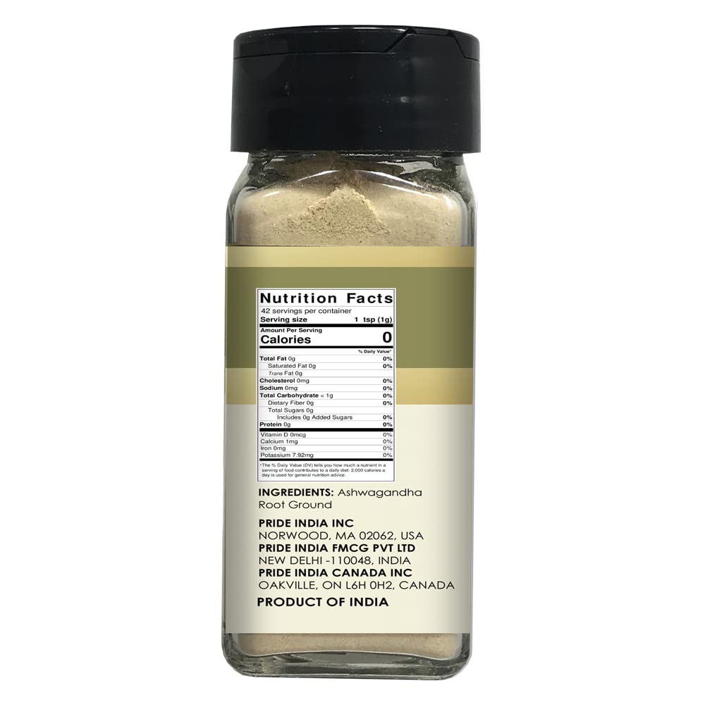 Pride of India – Natural Ashwagandha Root Ground – Health Benefits – Good for Energy Level/Body Functions – No Gluten/Additives – Easy To Use – 1.6 oz. Small Dual Sifter Jar