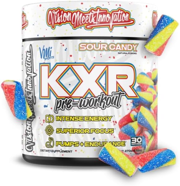 KXR Pre-Workout Energy Powder | Intense Energy Pre-Workout Drink for Men and Women| Creatine Free | Improves Performance - Enhanced Focus & Increased Endurance | 30 Servings (Sour Candy)