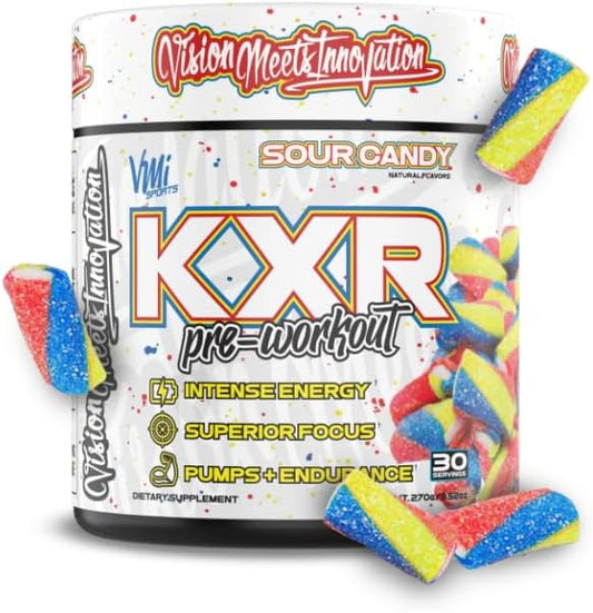 KXR Pre-Workout Energy Powder | Intense Energy Pre-Workout Drink for Men and Women| Creatine Free | Improves Performance - Enhanced Focus & Increased Endurance | 30 Servings (Sour Candy)
