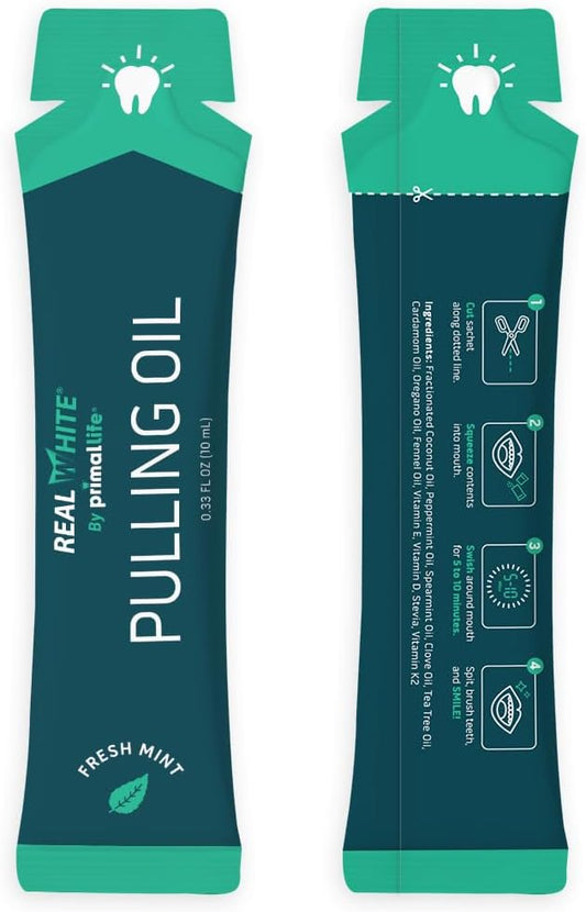 Primal Life Organics – Real White Pulling Oil, Teeth Whitening Mouthwash with Essential Oils, Coconut, Tea Tree, Key Vitamins, Chemical Free, Fluoride Free, 14 Sachets (Fresh Mint, 0.33 oz.)